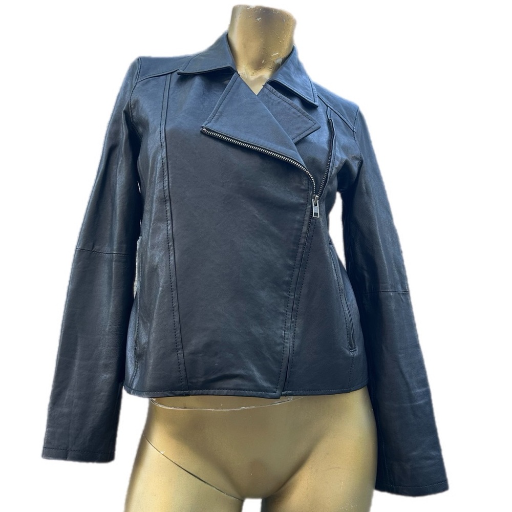 Eileen Fisher Luxe Lamb Leather- Black Moto Zip Jacket Minimalist Size 6